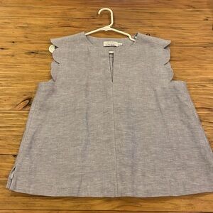 Paris atelier and other stories blue linen/cotton blend scalloped blouse size 10